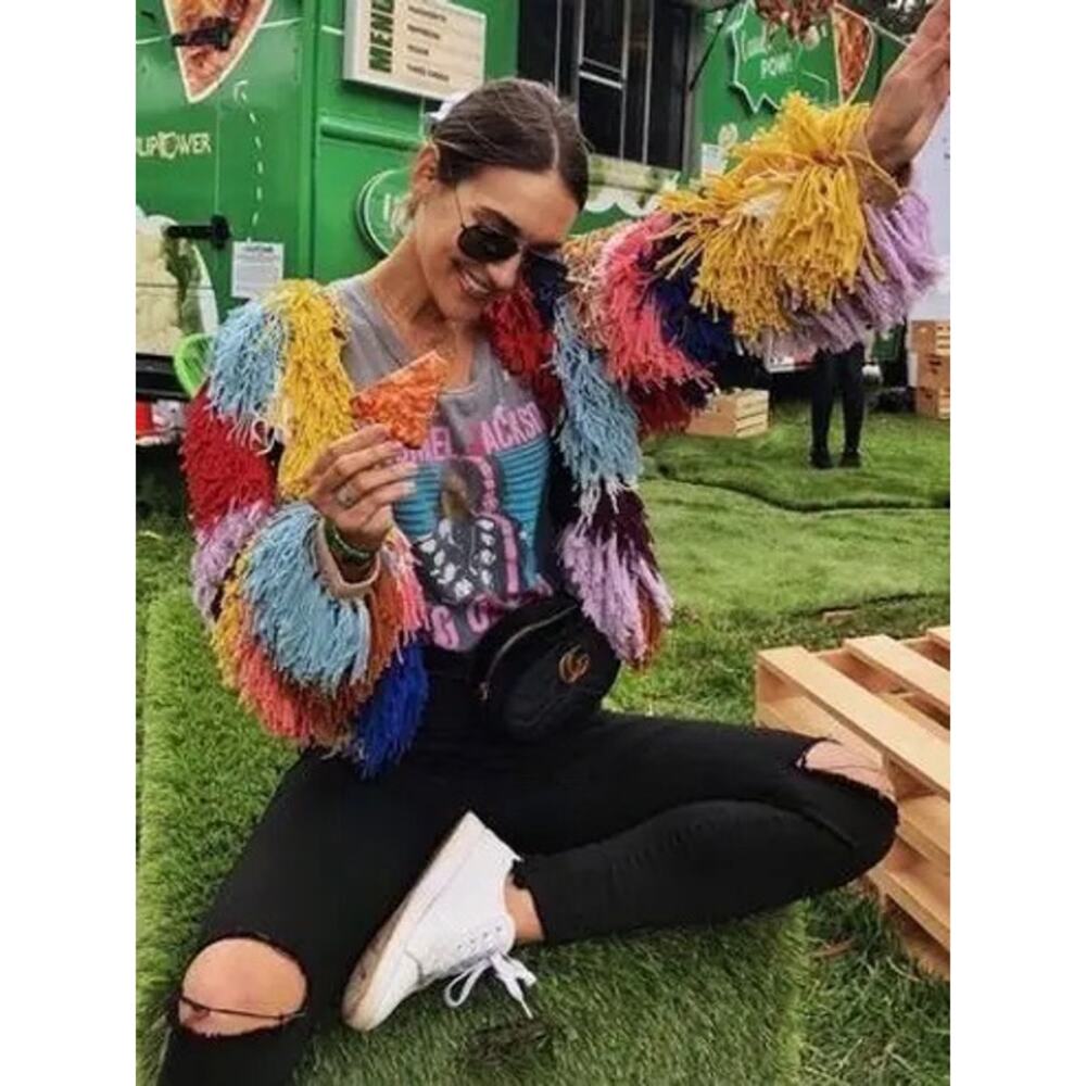 Alice + Olivia Fawn Multicolor Fringe Jacket rainbow yarn crochet size XS